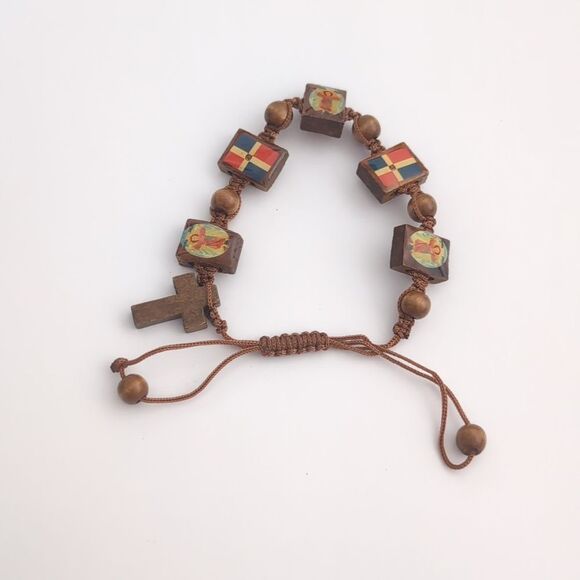 NWOT Brown Wood Beaded Catholic Cross Adjustable Slider Bracelet - Picture 3 of 7